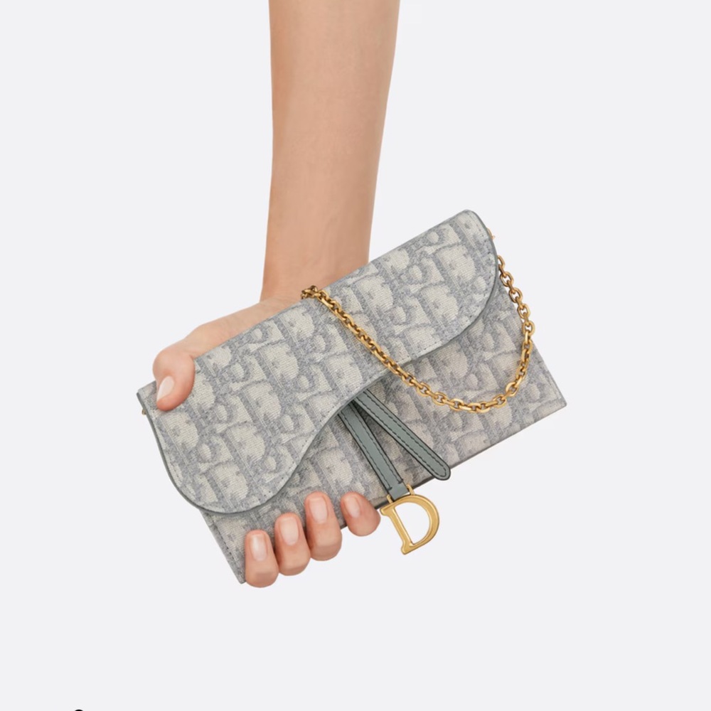 Dior Long Saddle wallet with chain, crafted in Gray Dior Oblique Jacquard.
